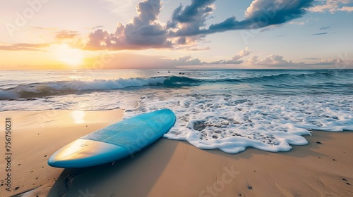Surfboard on the beach. Sunrise above the sea photo