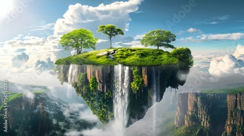 Surreal float landscape with waterfall paradise idea on blue sky cloud floating island in a dream river flowing over lush green grass and past towering trees. photo