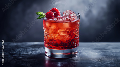 Chilled raspberry cocktail in an ornate glass with fresh ice, garnished with mint leaves and ripe raspberries, set against a moody backdrop