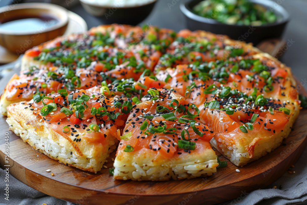 Sushi pizza combines elements of sushi and pizza in one dish. Sushi pizza combines elements of sushi and pizza in one dish.