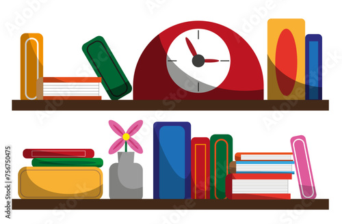 Vector e ilustración de estanterías con libros, con un pequeño reloj y un jarrón con una flor.