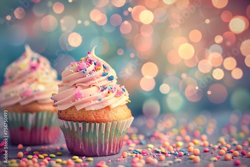 Tasty cupcakes with butter cream and sprinkles on blurred lights background