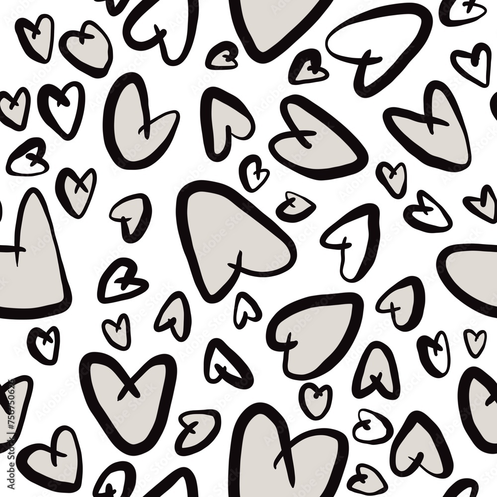 Seamless abstract celebrating pattern with hearts. Simple background in black, grey and white colors. Digital texture. Design for textile fabrics, wrapping paper, background, wallpaper, cover.