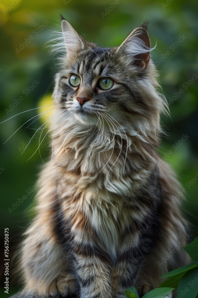 A fluffy cat is perched on a tree branch, gazing into the distance with curiosity and alertness.