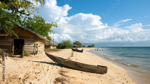 The beach of Ifaty, Mangily, near Toliara / Tulear South West Madagascar. Tropical sandy beach, thatched huts, exotic vegetation, traditional wooden fishing boat, people swimming and beautiful sky  photo