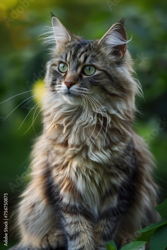 A fluffy cat is perched on a tree branch, gazing into the distance with curiosity and alertness.
