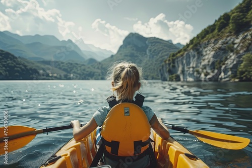 A child girl floats a kayak on a mountain river in a life jacket
