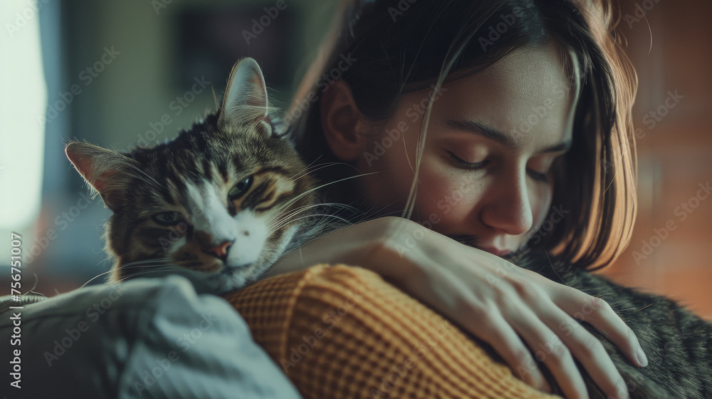 A woman hug a cat in the living room