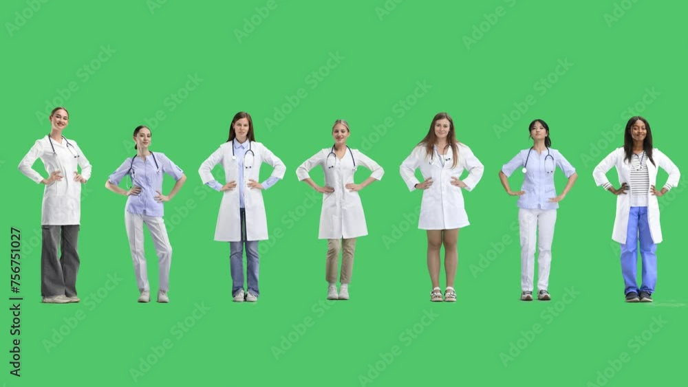 A group of doctors, full-length, on a green background, hands on the belt