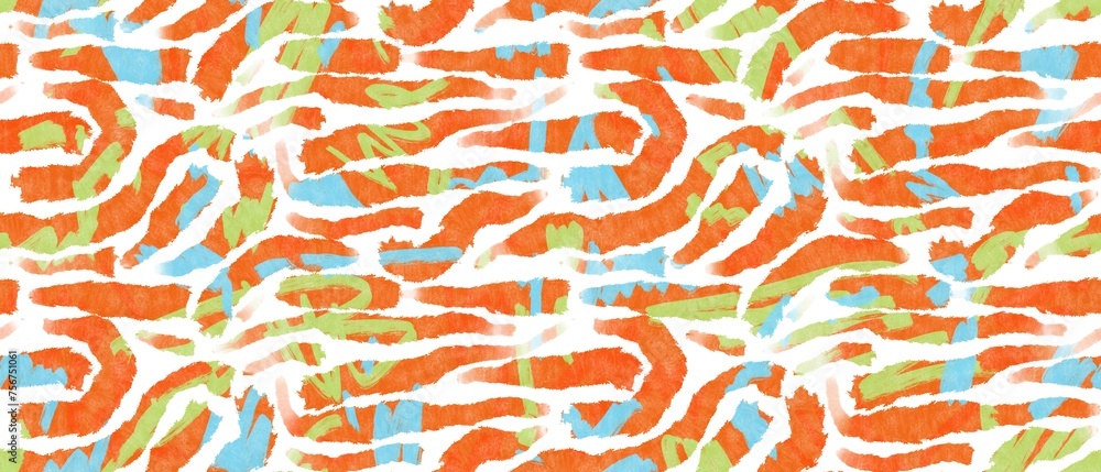 Seamless abstract textured pattern. Simple background with orange, blue, green, white texture. Digital brush strokes. Lines. Design for textile fabrics, wrapping paper, background, wallpaper, cover.