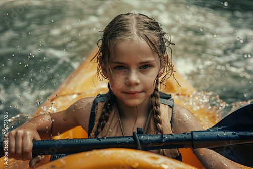 A child girl floats a kayak on a mountain river in a life jacket