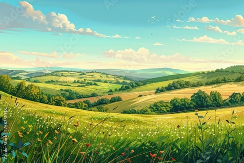 A vibrant painting depicting a lush field of grass and colorful wildflowers. Ideal for nature-themed designs