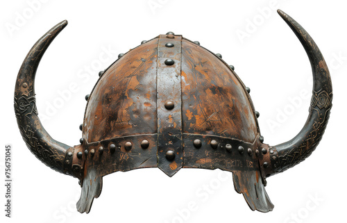 Ancient Norse Viking helmet with intricate metalwork and horns on transparent background - stock png.