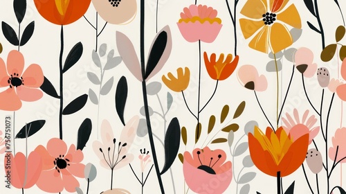 Mid-Century Flat Floral Pattern Generative AI