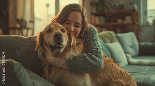 A woman hug a dog in the living room