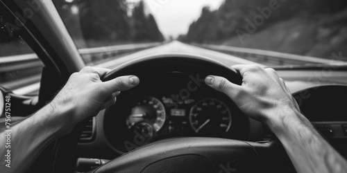 A man behind the wheel of a car on a highway. Suitable for transportation concepts