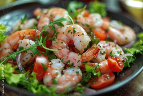 A plate of shrimp and lettuce on a table. Suitable for food blogs or restaurant menus