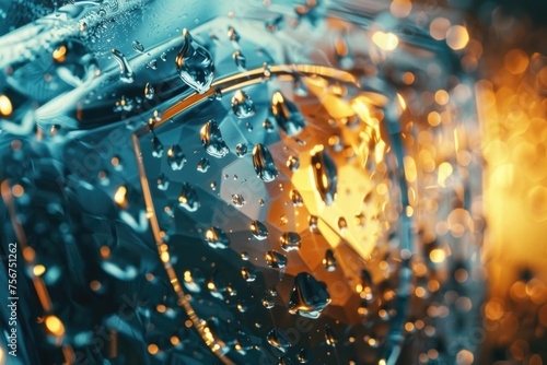 Close up of a car mirror with water droplets, suitable for automotive industry promotion photo