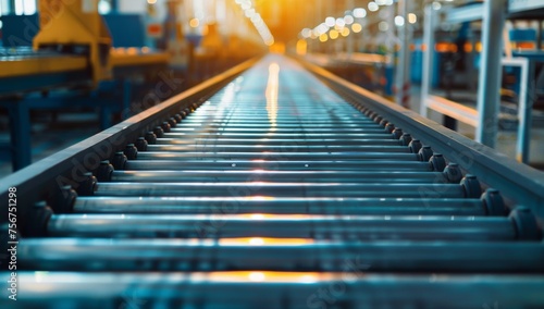 A photo of a conveyor belt in an industrial factory, representing movement and production lines Generative AI