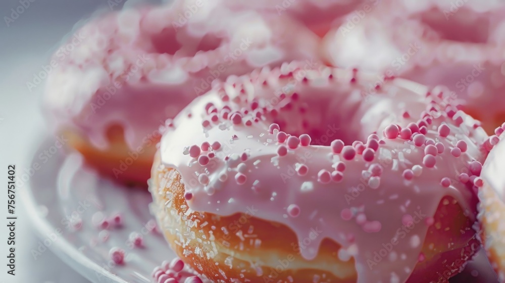 Plate of pink frosted donuts with sprinkles. Perfect for bakery concept Plate of pink frosted donuts with sprinkles. Perfect for bakery concept