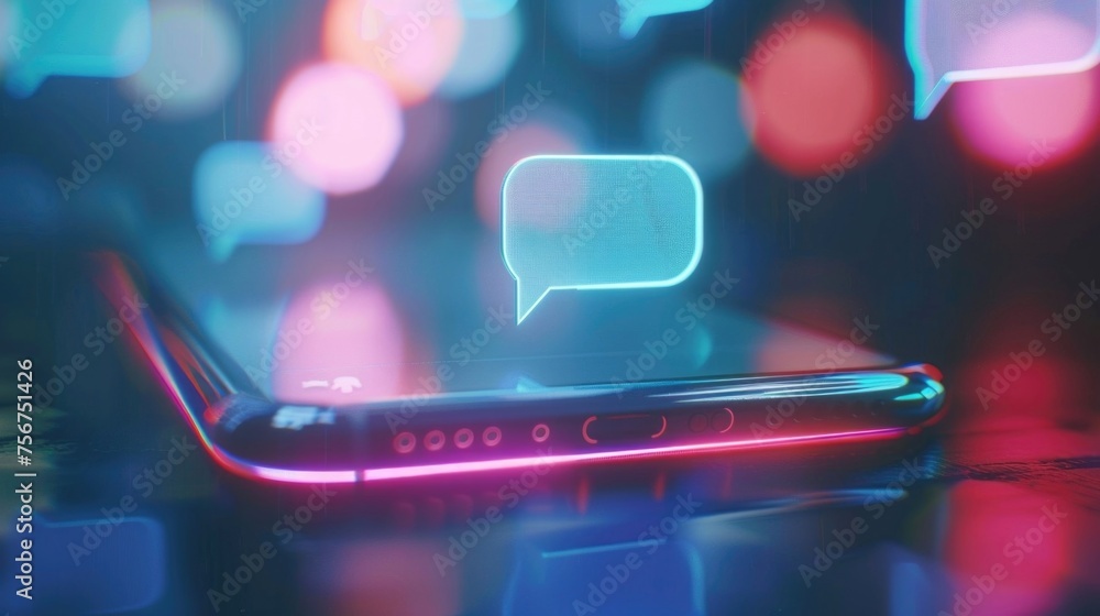 A modern cell phone displaying a speech bubble. Useful for communication concepts A modern cell phone displaying a speech bubble. Useful for communication concepts