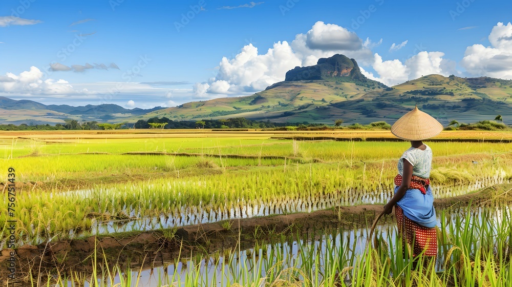 The Unidentified woman malagasy worker harvesting rice field in Madagascar - obrazy, fototapety, plakaty 