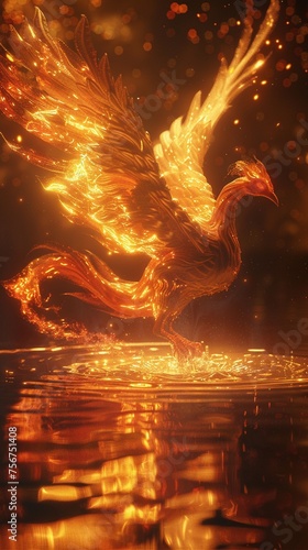 An artistic 3D rendering of a phoenix rising from a pool of molten serum