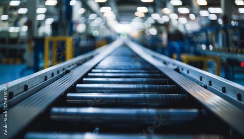 Close up of conveyor belt in a factory, wide shot, blurry background Generative AI