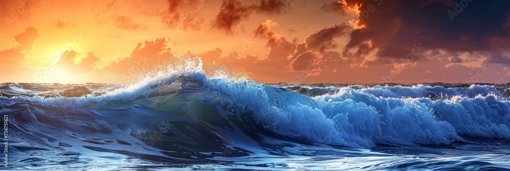 Majestic blue wave rolls gracefully across ocean, captivating sunset scene, Generative AI