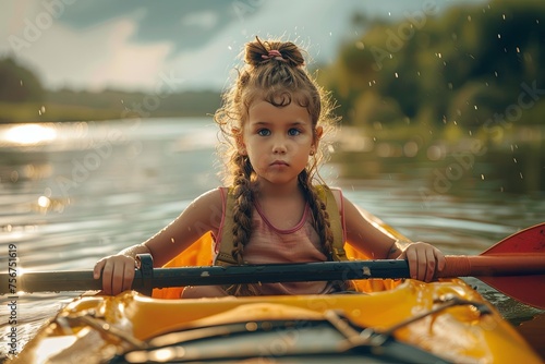 Child girl floats a kayak on the river in a life jacket