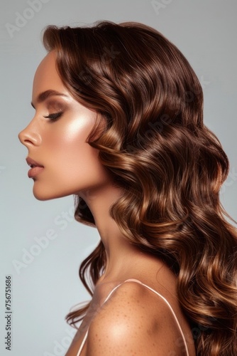 A woman with long wavy brown hair, suitable for beauty and fashion concepts