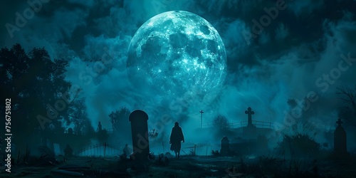 A spooky undead creature rises from a haunting graveyard on a moonlit Halloween night. Concept Halloween, Spooky, Undead Creature, Graveyard, Moonlit Night