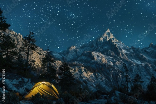 A tent pitched up in the mountains at night. Ideal for outdoor and adventure concepts