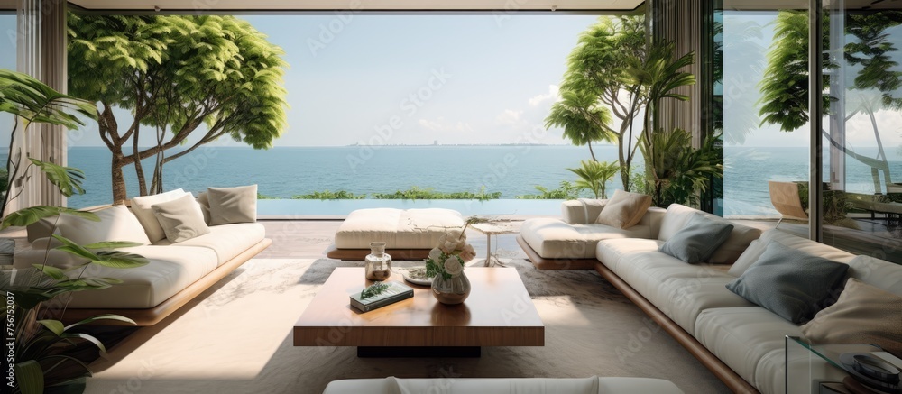 Fototapeta premium Modern luxury beach house living room with indoor plant and coffee table near glass window - Home interior .