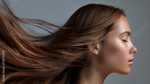 portrait of a woman with long hair  Portrait of a beautiful woman with a hair is a beautiful brown color  shampoo advertising concept  Hair conditioner and cosmetic products