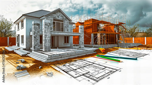 Architectural Blueprint and Model of a Residential Housing Project Under Construction with Detailed Planning