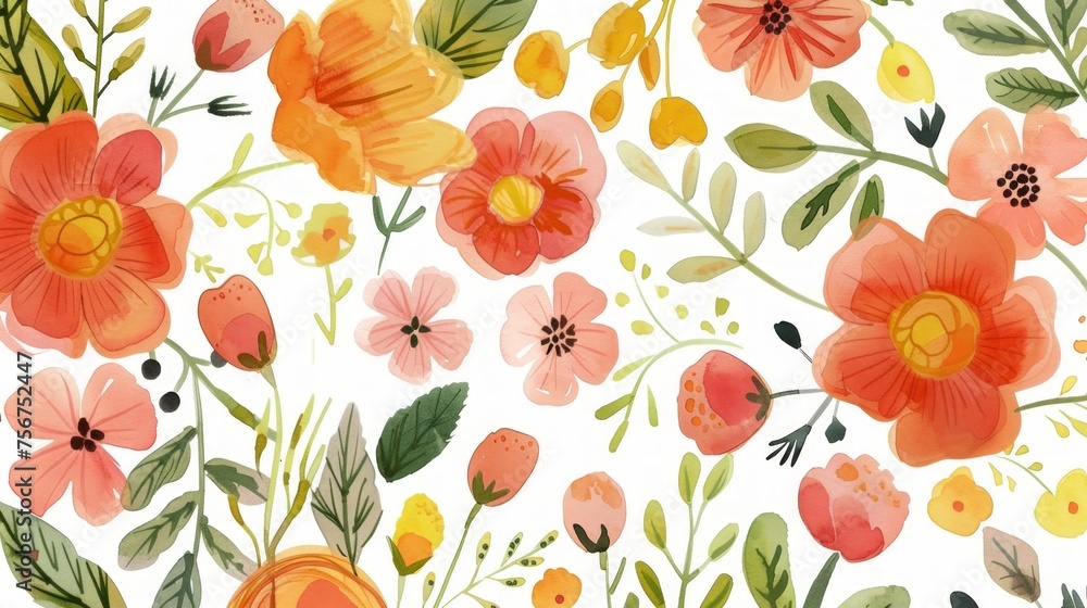 Gouache Flat Florals with Grain Texture on White Background Generative AI