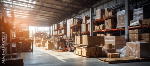 Warehouse interior with shelves filled with boxes and containers under natural light and blur effect.