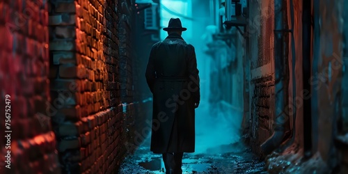 Detective in trench coat strolls down dark alley cinematic suspense scene. Concept Film Noir, Detective, Suspenseful Scene, Dark Alley, Trench Coat © Ян Заболотний