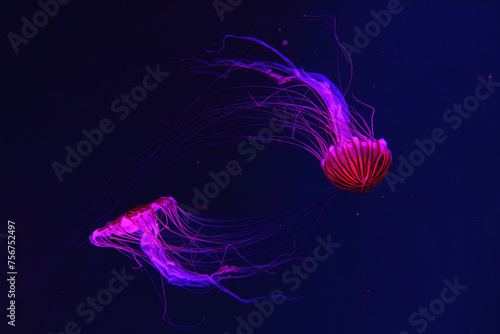 Group of fluorescent jellyfish swimming underwater aquarium pool with red light. Japanese sea nettle chrysaora pacifica in blue water, ocean. Theriology, biodiversity, undersea life, aquatic organism