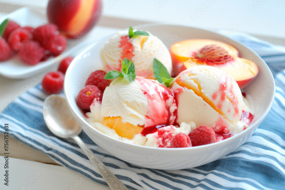 Vanilla peach dessert or melba ice cream with peach fruits. Colorful assortment of fruit salad topped with whipped cream Vanilla peach dessert or melba ice cream with peach fruits. Colorful assortment of fruit salad topped with whipped cream