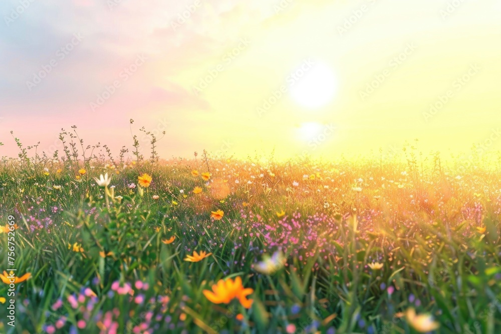 Beautiful sunset over a field of colorful flowers. Perfect for nature and landscape backgrounds