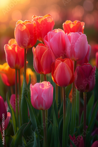 Yellow and red tulips in spring. AI generated art illustration.