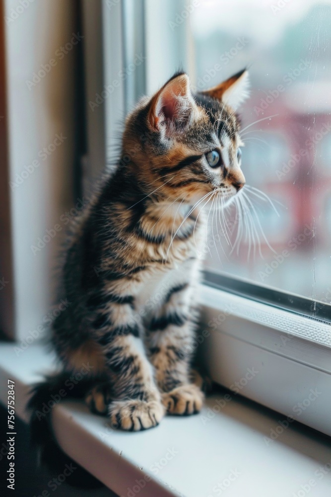 Adorable kitten looking out from window, suitable for pet or home decor themes
