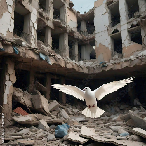 white dove bird flying over the ruins of old buildings in the city. Conceptual image stop war. Give peace a chance