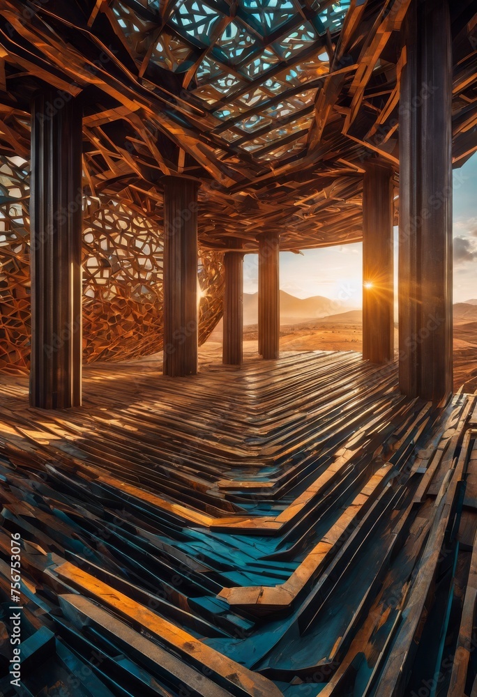 Obraz premium illustration, illustration complex landscape featuring disorganized structures irregular patterns, chaos, fragmentation, nature, texture, color, contrast