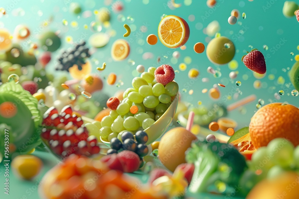 Design a captivating 3D model showcasing the benefits of vitamins and minerals in promoting healthy skin featuring nutrient-rich foods. Design a captivating 3D model showcasing the benefits of vitamins and minerals in promoting healthy skin featuring nutrient-rich foods.