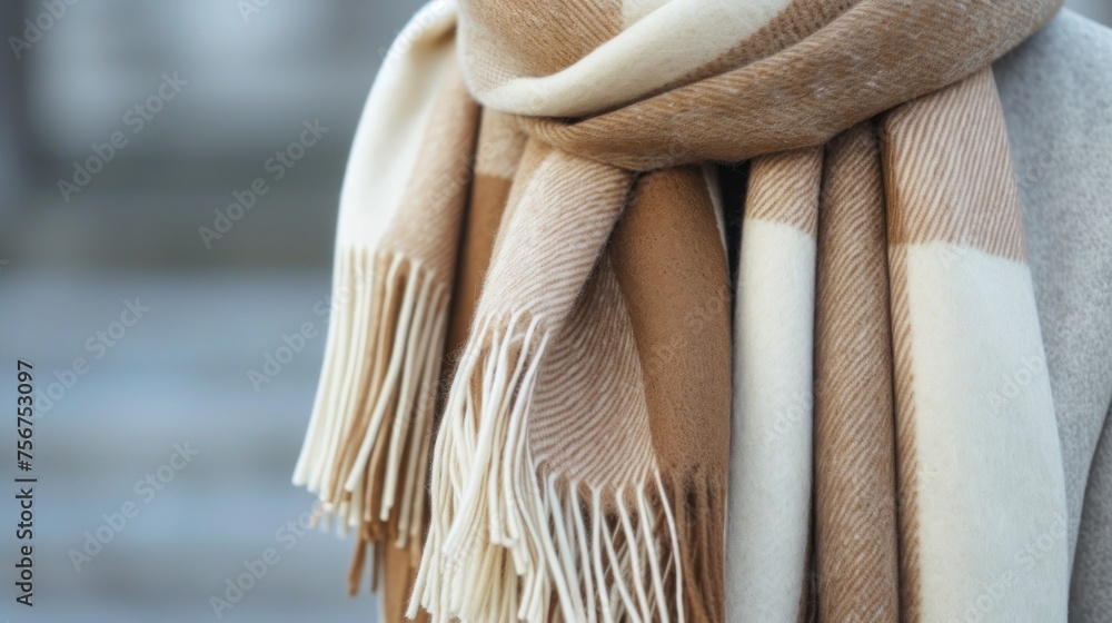 Beige and white scarf with fringes, made of cashmere fabric. Beige is a popular color this year. A fashionable look for the autumn and winter season. - obrazy, fototapety, plakaty 