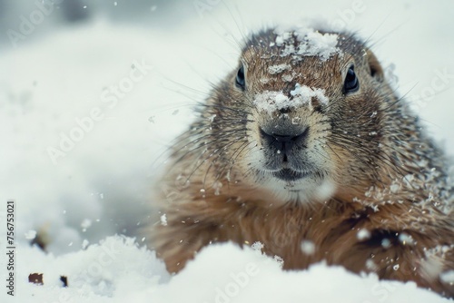 A cute ground squirrel in the snow, perfect for winter themes