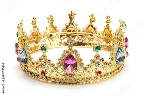 Exquisite Jeweled Gold Crown, Concept for Elegance, Royalty, Rulership, Wealth, Extravagance. Generative AI. 